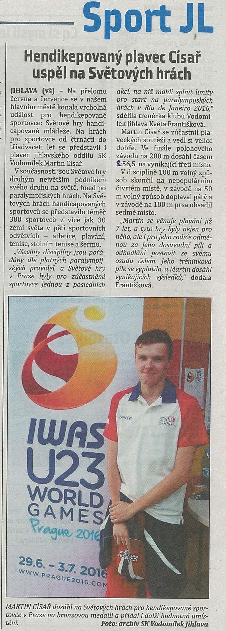 Hendikepovaný plavec Císař uspěl na Světových hrách
