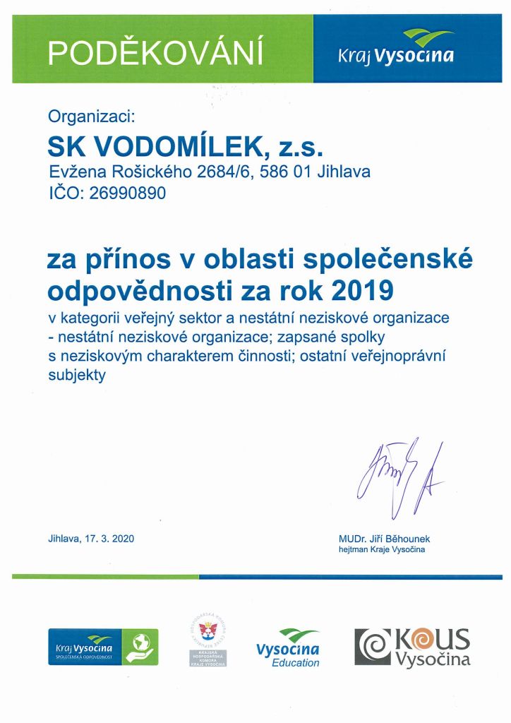 Poděkování hejtmana Kraje Vysočina za přínos v oblasti společenské odpovědnosti